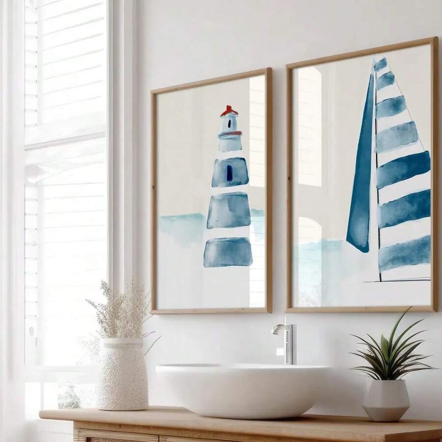 两件套，画廊墙面印刷，海岸浴室装饰，海滩墙面艺术，水彩画，极简主义艺术，床头装饰，客厅装饰，卧室装饰，无框画 - 彩色 - 查看 1