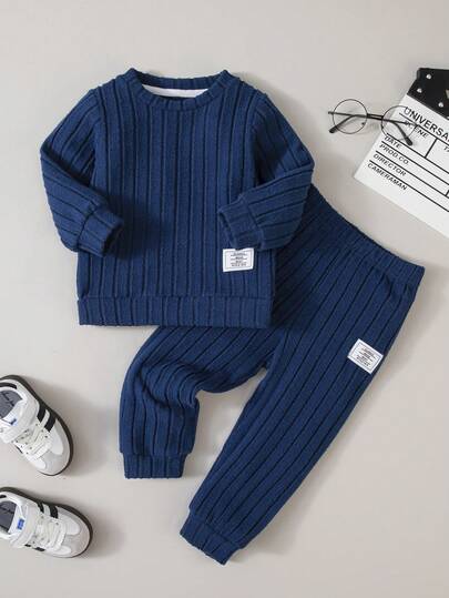 2 件套男童罗纹针织圆领长袖上衣和慢跑裤套装，秋冬休闲装