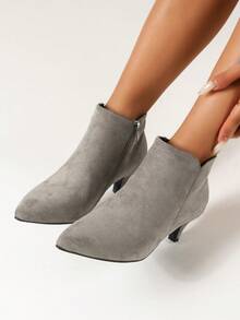 秋冬灰色踝靴，新款秋季优雅简约百搭尖头绒面革侧拉链细跟踝靴，女士靴子 - 灰色 - 查看 4