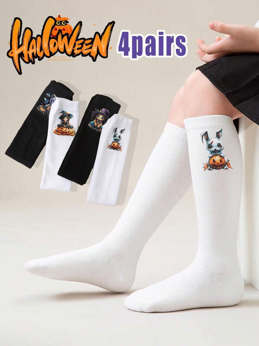 4 Pairs Of Black And White Long Stockings With Bat And Skull Print Patterns For Girls. They Are Suitable For Halloween And Are Backless Calf Socks. - Black and White - View 1