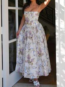 Women's Floral Corset Maxi Dress Summer Spaghetti Strap Backless Beach Party Flowy Long Dress Y2K Summer Wedding Guest Dresses - Màu tím - Xem 2