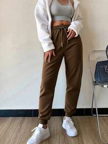 Pantalones De Cintura Alta Para Mujer Con Bolsillos En Diagonal Y Costura al frente - Café ligero - Ver 2