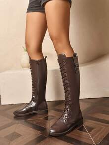 女士过膝长靴，时尚秋冬黑色系带侧拉链机车靴，过膝骑行靴。适合日常穿着，及膝长靴，系带靴，秋季穿着，出席宴会、派对、时装秀等场合，中筒靴，过膝长靴，日常鞋履。 - 棕色 - 查看 5