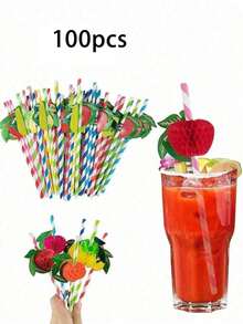 15/20/30/50 Unidades Pajitas de papel con diseño de frutas para cócteles, pajitas de papel para fiestas con frutas, pajitas para bebidas, pajitas para fiestas familiares, pajitas para cenas al aire libre y en la playa, pajitas de papel con estampado de frutas, set de fiesta tropical, pajitas hawaianas y sombrillas de frutas 3D, decoraciones de papel con sandía y piña para cócteles, Halloween, Navidad - Multicolor - Ver 15