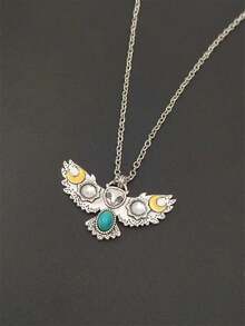 1件复古朋克风夸张猫头鹰、花朵、月亮和仿绿松石吊坠项链，百搭女士日常佩戴、节日庆典、送友珠宝礼物 - 復古銀色 - 查看 3