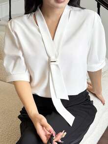 Women Solid Color Bow Tie Design Short Sleeve Casual Shirt - White - View 3