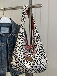 1pc Leopard & Plaid Pattern Polyester Large Capacity Reversible Tote Bag, Suitable For Casual Outings And Shopping In Autumn/Winter - Black and White - View 5