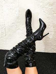 女式细高跟侧拉链褶裥过膝长靴，冬季 - 黑色 - 查看 5