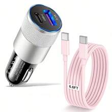二合一 USB-C 车载充电器，3.0 PD USB-C 车载适配器，双端口车载点烟器 3.1A USB+Type-C 车载插头，配备 1 条 USB-C 转 Type-C 充电连接线，兼容 16/15，兼容三星 Galaxy S25/S24/S23/S22/S21/S20 - 彩色 - 查看 18
