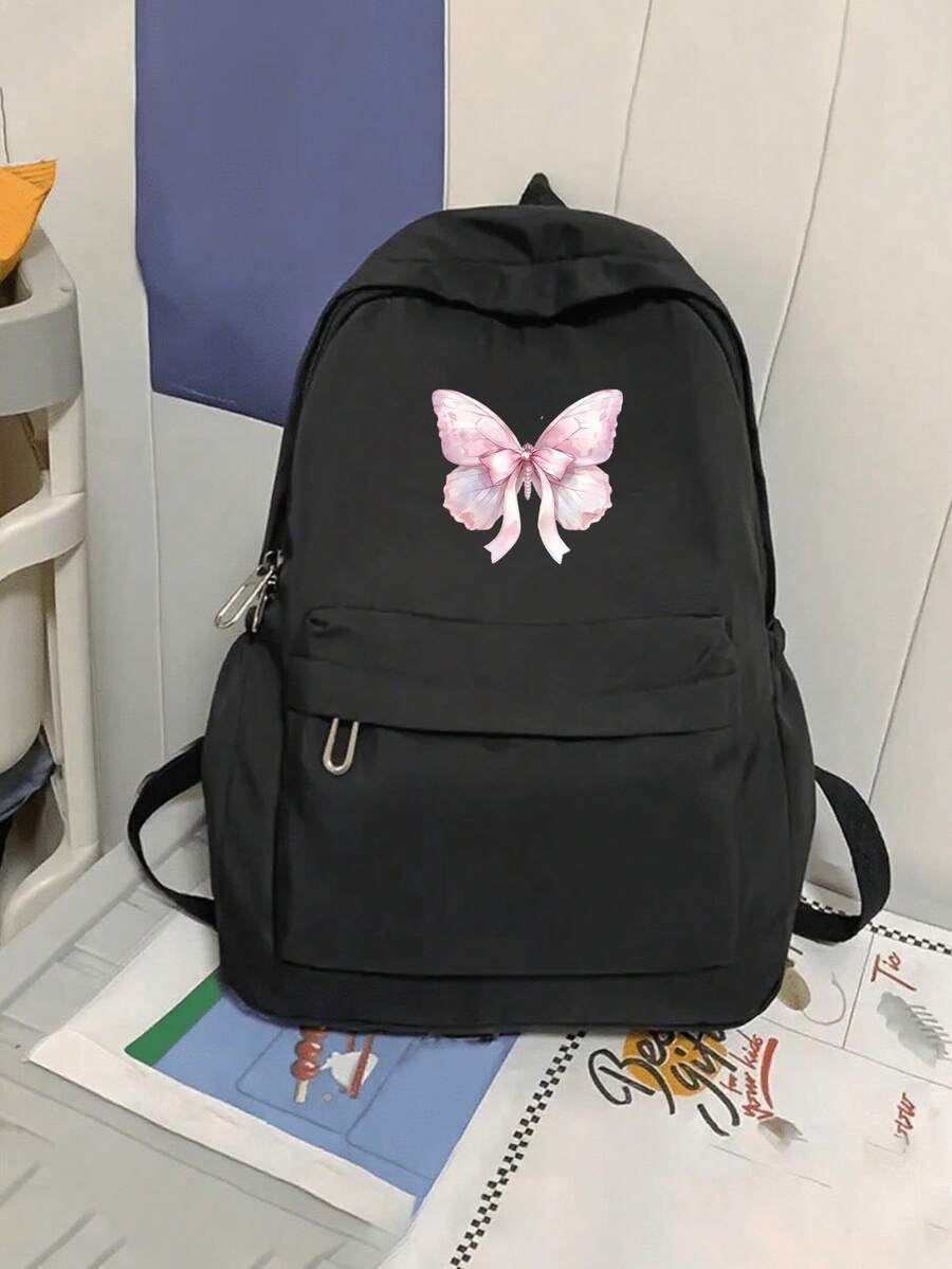 蝴蝶印花後背包,時尚百搭休閒運動單肩包,大容量學生背包,適合女生,開學、旅行與休閒,純色經典後背包,適合日常使用、上學與通勤。蝴蝶印花學生後背包,可愛學院風書包,時尚實用,適合郵差,感恩節、聖誕節、開學驚喜禮物。 - 黑色 - 查看 1