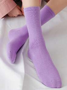 1/3/5/10/15/20 双装 女士纯色竖条纹舒适简约运动休闲吸湿中筒袜 - 彩色 - 查看 7