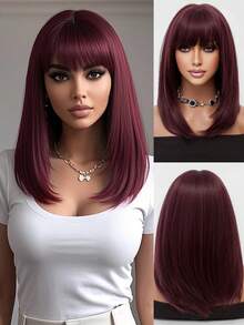 优雅的 16 英寸刘海红色中长直发鲍勃假发 - 耐热合成头发，哑光丝绸，适合初学者，易于护理，适合女性日常佩戴派对假发，万圣节圣诞节角色扮演街头时尚假发 - 中紫紅色 - 查看 2