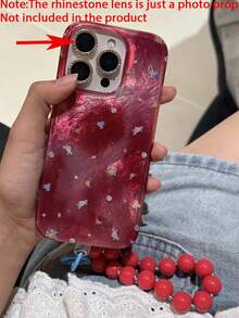Retro Stylish Flower Smudge Phone Cases Hand Bead Chain Compatible With IPhone 16 15 13 Pro Max 14 12 11 Plus Cute Girl Shockproof Cover - Hot Pink - View 4