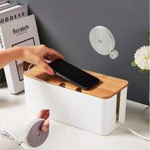 Caja organizadora de cables con tapa de madera, oculta los cables, se adapta a varios enchufes de adaptador, organizador de cables espacioso, protector de toma de corriente oculto en el escritorio o el piso - Ideal para el hogar y la oficina, un gran regalo para amigos, novio, novia, madre, Día de la Madre, boda, almacenamiento - Multicolor - Ver 3