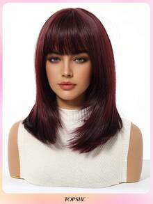Atmungsaktive und bequeme 14-Zoll-Bob-Perücke mit Pony, burgunderrot, gerade, schulterlang, Perücken für Frauen, hitzebeständiges synthetisches Haar, für Alltag, Party, Festival