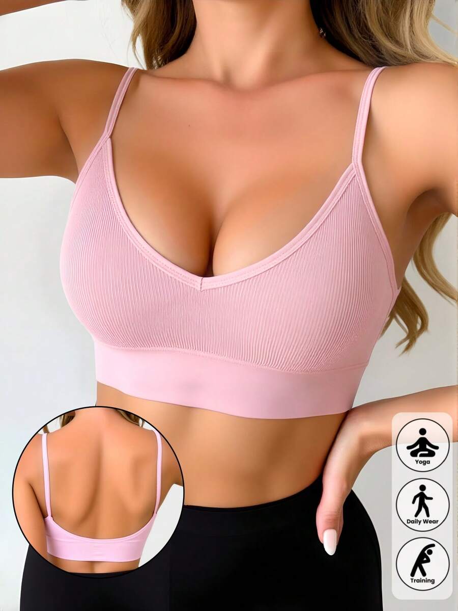 1件女款純色休閒運動內衣，無縫舒適細肩帶性感V領時尚運動內衣背心，適合日常穿著、瑜伽與春季