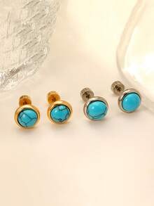 1 paire de boucles d'oreilles en acier inoxydable avec pierre bleue pour femmes et filles. Bijoux dorés sans décoloration, avec fermoir à vis. Petites boucles d'oreilles pour accessoires de fête de Noël - Bouchon à vis - Voir 3