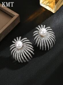 KMT 2pcs Copper Alloy Inlaid Cubic Zirconia & Faux Pearl Exquisite Sparkling Geometric Exaggerated Elegant Women's Fashion Earrings, Suitable For Banquet, Party, Engagement - Fireworks - View 9