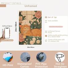 1幅12x16英寸无框帆布海报 - 可爱的橘色虎斑猫在浴缸里放松，搭配日式花卉图案，是浴室、卧室、厨房、客厅、办公室或咖啡馆的完美墙面装饰，也是送给爱猫人士的绝佳礼物。浴室装饰 | 猫咪插画 | 精细的毛发纹理，猫咪主题秋季装饰 - 彩色 - 查看 16