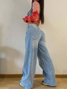 Valentine's Day Wide Leg Jeans For Women, Mid Rise Baggy Jeans Plus Size Boyfriends Denim Pants, Y2K Vintage Style Spring Clothes - 藍色 - 查看 3