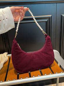 Fashionable Pearl Chain Crescent Shoulder Bag, Stylish Shoulder Baguette Bag, Handheld Small Bag, Outdoor Casual Bag, Versatile Commuter Bag - Burgundy - View 7