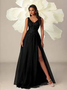 VIPGIRL Đầm dạ hội maxi đen cổ chữ V xẻ cao đính sequin xuyên thấu, đầm dự tiệc sang trọng thanh lịch dành cho nữ, đầm dự tiệc, đầm dài nữ, đầm maxi, đầm dạ hội, đầm dự đám cưới, đầm trang trọng mùa xuân - màu đen - Xem 4