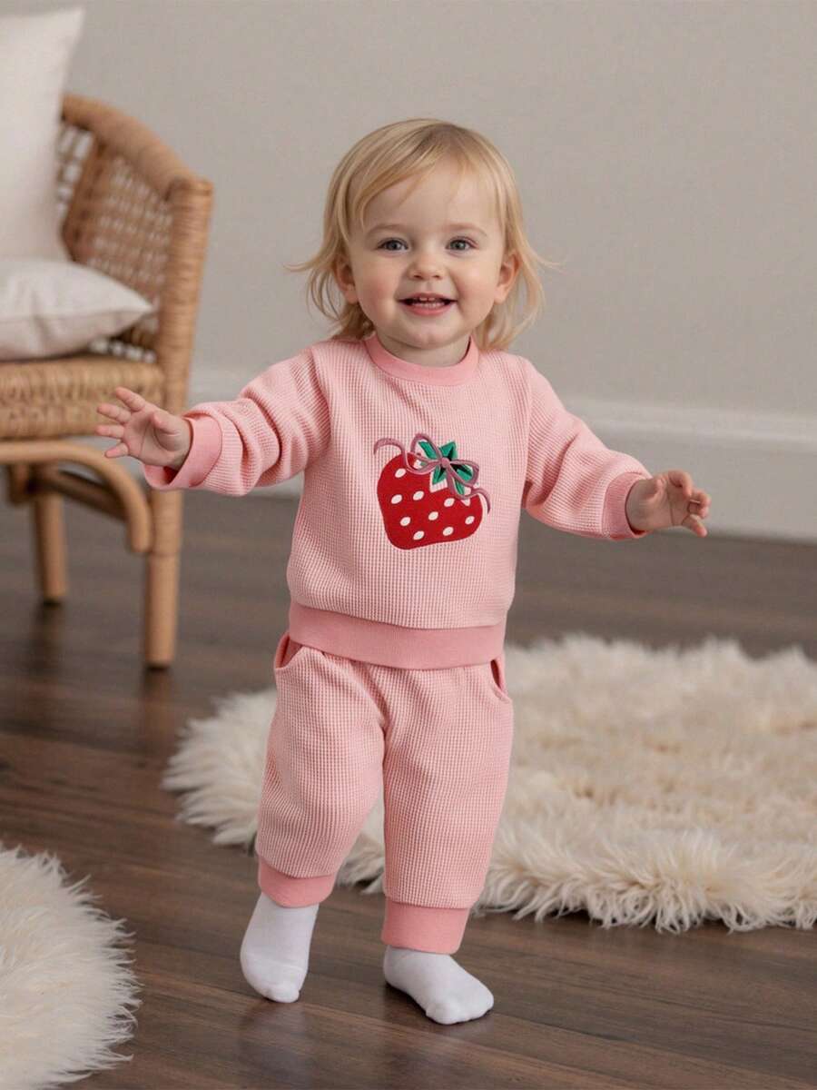 Baby Girl Waffle 2 Piece Outfits Strawberry Embroidery Long Sleeve Crew Neck Tops And Elastic Waist Pants Set - Hồng - Xem 1