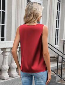 Women's Silk Satin Camisole Ruched Formal Casual Sleeveless Shirt Summer Business Work Shirt - Đỏ - Xem 2
