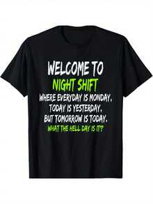 Night  Workers' Humorous Midnight  Tee, Cotton Blend Crew Neck T-Shirt, Regular Fit, with Geometric Applique, for Casual, Running, Training, Hiking, All Seasons