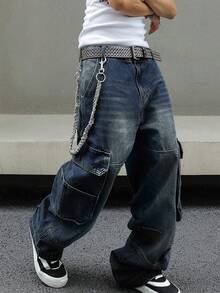 Men's Baggy Denim Cargo Pants Loose Fit Streetwear Wide Leg Workwear Style With Large Side Pockets - 深色水洗藍 - 查看 7
