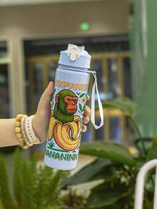 1pc 750ml/26oz Shan Hai Jing Themed Plastic Straw Water Bottle, With Handle Strap, Leak-Proof Mouth, 4 Character Designs, Portable & Durable, Spill-Proof When Inverted, Suitable For Running, Cycling, Travel, Great Gift