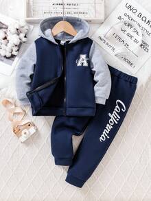 2 piezas Conjunto de estilo deportivo para niños pequeños, chaqueta con cremallera con capucha en parches azul marino y gris + pantalones casuales de unicolor con estampado de letras, otoño/invierno - Azul Marino - Ver 1