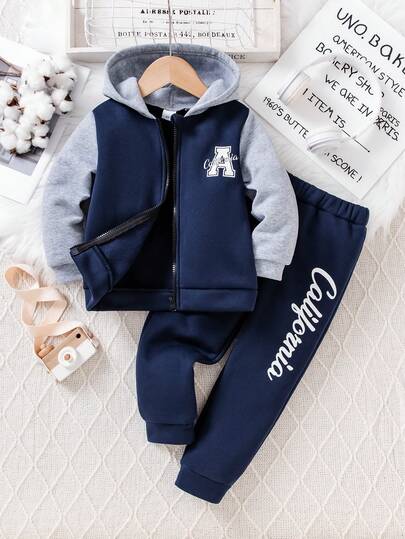 2pcs Young Boys' Sports Style Set, Navy Patchwork With Grey Hooded Zip-Up Jacket + Solid Color Casual Letter Print Pants, Autumn/Winter