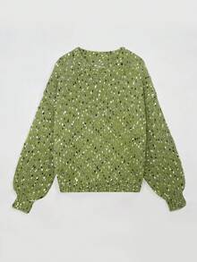 Suéter de mujer casual de cuello redondo con mangas largas acampanadas y bloques de color, para otoño/invierno - Verde - Ver 4