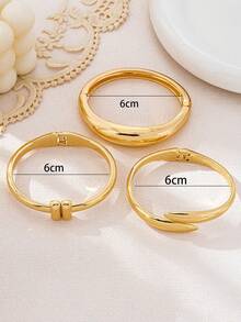 3 件套简约镂空几何粗细精致光滑金手链套装，时尚优雅 - 金黃色 - 查看 3