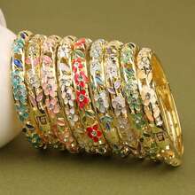 Enamel Bracelet With Hollow Leaf & 3 Floral Rhinestone Inlaid, Slim Openable Vintage Style Jewelry For Women (Batch Color May Vary Slightly Due To Handpainted Crafting)