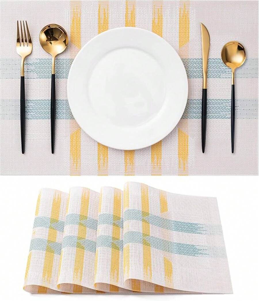 Washable Vinyl Placemats Set Of 4 For Indoor/Outdoor Use - F-beige Green Cross - View 1