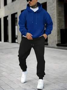 Men's Solid Color Drop Shoulder Long Sleeve Drawstring Hoodie And Sweatpants Casual Loose Suit, Autumn - Royal Blue - View 3