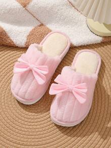Damen Schleife Plüsch Warme Hausschuhe, Bequeme Rutschfeste Schlafzimmer Hausschuhe für Holzböden, geeignet für Herbst/Winter - Pink - Übersicht 4
