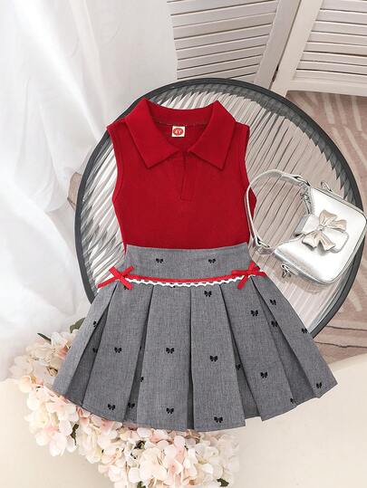 2件套少女时尚无袖领上衣和蝴蝶结刺绣蕾丝荷叶边百褶裙套装，夏季