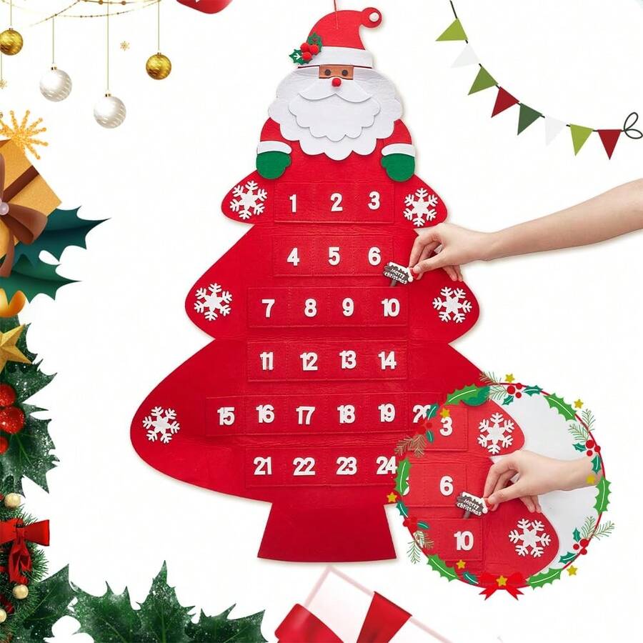 Calendario de Adviento de tela con árbol de Navidad, calendario de cuenta regresiva navideña de fieltro para colgar en la pared, regalo de Navidad y Año Nuevo, decoración para el hogar y fiestas