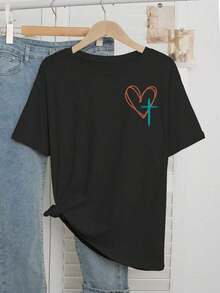 Camiseta casual de verano para mujer con cuello redondo y estampado de corazón y letras - Negro - Ver 6