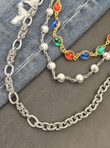 DIY Stainless Steel Multicolour Round Bead Agate Three Layer Pants Chain Men One's Waist Luxury Accessories Retro Keychain Hip Hop Jewelry Product Colors Randomly Send