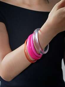 4 chiếc vòng tay tròn bằng acrylic cổ điển thanh lịch dành cho nữ, thiết kế đơn giản, phù hợp để đeo thường ngày và các dịp đặc biệt - Màu Hồng Tươi - Xem 3