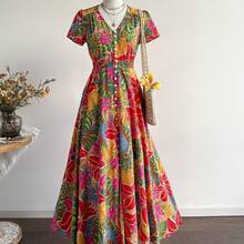 Rusttydustty Đầm maxi nữ cổ chữ V họa tiết hoa nhí, thắt eo, phong cách bohemian, thích hợp mặc đi biển, dự lễ hội âm nhạc, hoặc đi nghỉ mát ở vùng nhiệt đới. - Nhiều màu - Xem 4