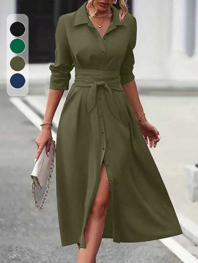 Women's Elegant Solid Color Turndown Collar Front Button Tie Waist Shirt Dress, Autumn/Winter