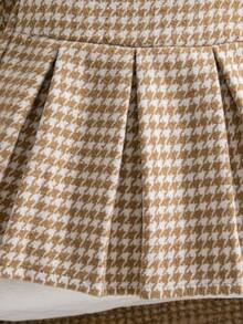 秋冬女宝宝优雅荷叶边卡其色千鸟格复古夹克和卡其色褶皱围裙法式连衣裙