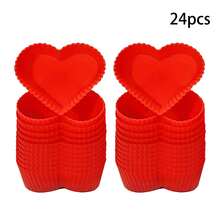 12/24 件硅胶心形可重复使用烘焙杯 - 不粘纸杯蛋糕衬垫，非常适合情人节烘焙、松饼和甜点装饰
