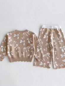 韩国INS风秋季女宝宝针织提花卫衣套装带蝴蝶结长裤两件套 - 杏色 - 查看 3