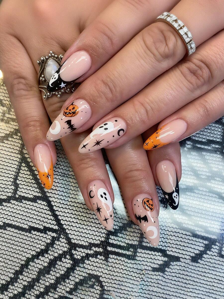 VV MEI JIA ER 24Pcs Halloween Nails Medium Long Almond Acrylic Nail Suppliers Spooky Fake Nails With Halloween Themed Designed Press On Nails, Black French Tip Nails (Ghosts, Pumpkin Witches, Vampires, Blood, Cobwebs) + 1Pc Jelly Gel + 1Pc Nail File Nail Supplies Nails - Multicolor - View 1